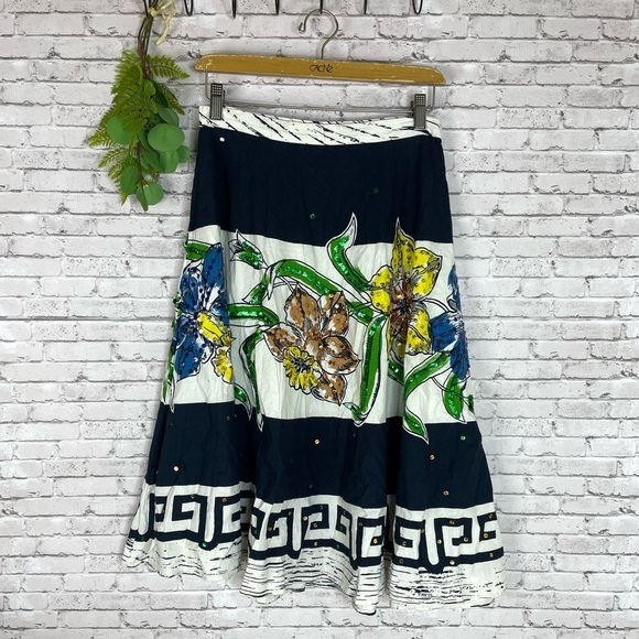 Bernardo Navy Blue Sequin Floral Print A Line Midi Skirt - Picture 1 of 5